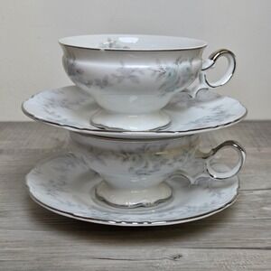 Mikasa Fine China Barbizon 9289 Cup & Saucer Set of 2 Blue Floral Platinum Trim